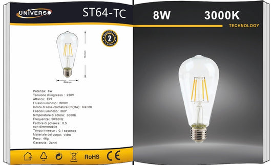 Lampadine LED E27 ST64 8W, Confezione da 5 Pezzi, 880LM, 2600K/3000K, Lampadina in Vetro Trasparente o Ambrato, Illuminazione a 360°, Basso Consumo Energetico, Non Dimmerabile, Modello ST64