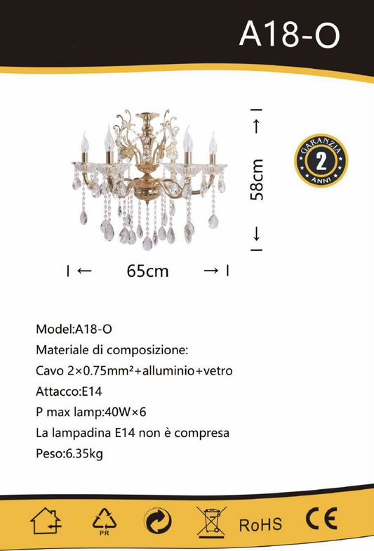 TEKHOME Lampadario Sospeso a 6 Luci Stile Candela con Cristalli e Struttura Dorata, Design Classico ed Elegante, Attacco E14 40W, per Sale da Pranzo e Soggiorni, 65cm, Oro (Senza Lampadine) A18-O