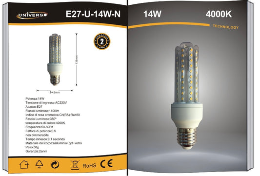 Lampadine LED E27 14W, Confezione da 10 Pezzi, 1400LM, 3000K/4000K/6500K, Luce Calda, Naturale e Fredda, Lampadina LED a U, CRI>80, Illuminazione 360°, Risparmio Energetico, Modello E27-U-14W