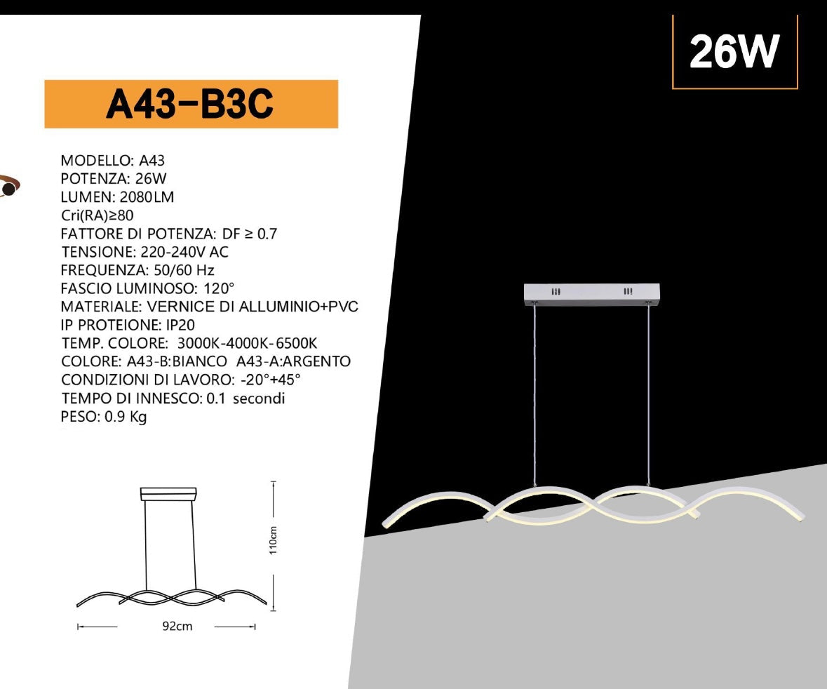 Lampadario LED Moderno a Sospensione, 25W 2000LM, Luce 3 COLORE 3000K,4000K,6500K, Design Ondulato Argento, in Alluminio e PVC, 920mm, Altezza Regolabile, per Sala da Pranzo Soggiorno Cucina A43