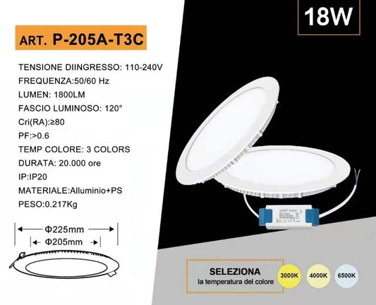 Faretto LED da Incasso Rotondo 18W 1800LM, 3 Colori Selezionabili 3000K 4000K 6500K, Pannello LED Ultrasottile Ø225mm, Foro Ø205mm, Fascio 120°, CRI≥80, 1 Pezzo, P-205A-T3C