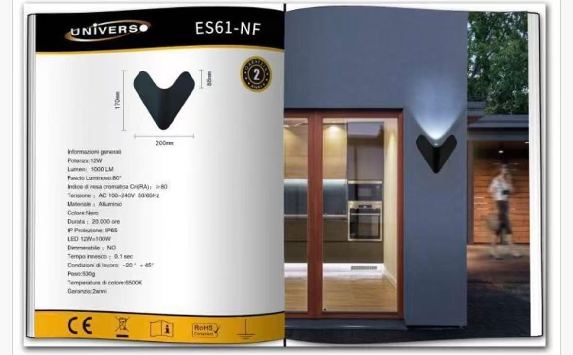 Applique da Esterno LED 12W IP65 – Lampada da Parete Impermeabile in Alluminio, Luce Decorativa su e giù, Design Moderno a Forma di V, per Facciata, Balcone e Giardino ES61