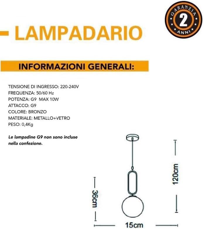 Lampadario a sospensione lampada moderna da soffitto con corpo in metallo color bronzo e sfera in vetro attacco per lampadina G9 (Oro, 1 Sfera struttura ovale) A96