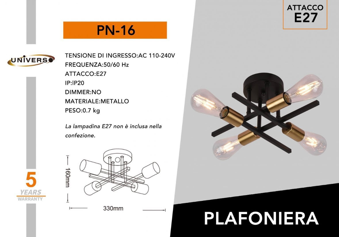 Plafoniera Industriale E27 a 4 Luci, Lampadario da Soffitto in Metallo Nero e Ottone, Attacco E27, Design Moderno Industriale per Cucina Soggiorno Camera da Letto – PN-16 (Lampadina Non Inclusa)