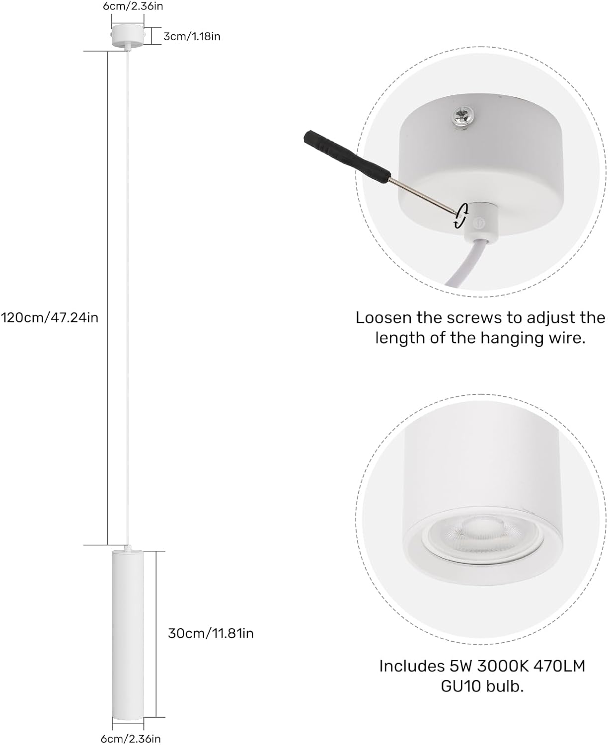 Lampada a Sospensione Cilindro Moderne GU10, Lampadario a Sospensione Alluminio per Soggiorno Camera da Letto Cucina Comodino, portata max 35W, misura 30cm, Bianco/NERO SP-01