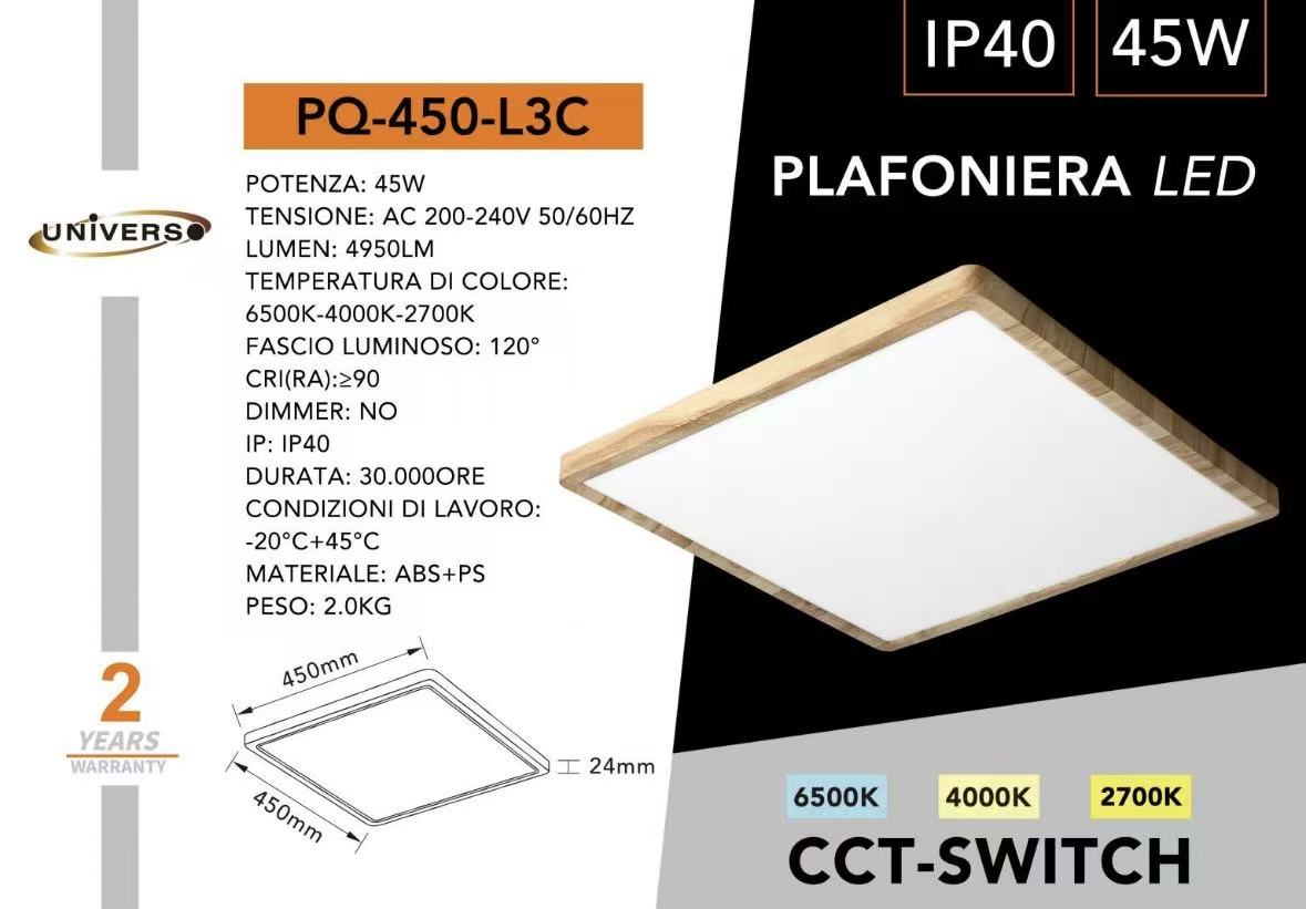 Plafoniera LED Quadrata 45W con Cambio Colore CCT 6500K-4000K-2700K, Moderna per Soggiorno Cucina Camera PQ-450