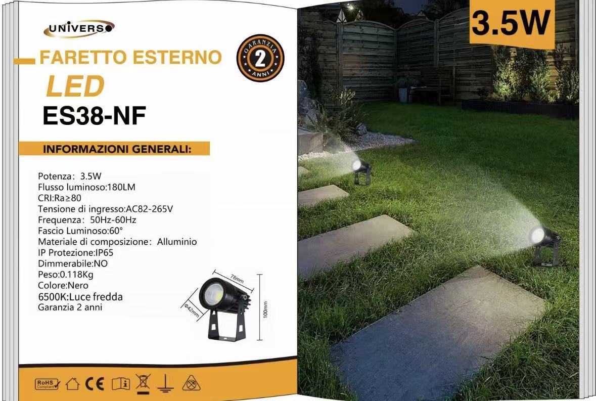 Faretto LED da Esterno 3,5W IP65, Luce Fredda 6500K, Spot da Terra per Giardino e Vialetto, Corpo in Alluminio Nero, Illuminazione Outdoor – ES38-NF