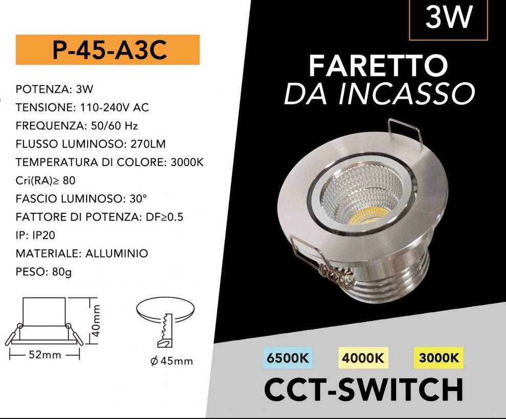 5 Pezzi Faretti LED da Incasso 3W,COB LED 270 lm, Foro Ø45 mm, CCT Switch 3000K/4000K/6500K, Fascio 30°,Corpo in Alluminio, Faretto da Soffitto per Casa, Cucina, Negozi e Uffici, P-45