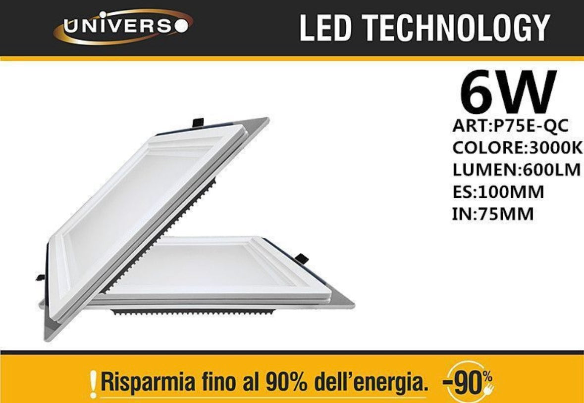 Pannello LED da Incasso Quadrato 6W 600LM 3000K Luce Calda, Faretto LED da Soffitto 100x100mm, Foro 75x75mm, Pannello da Incasso per Cartongesso, 1 Pezzo, P75E-QC