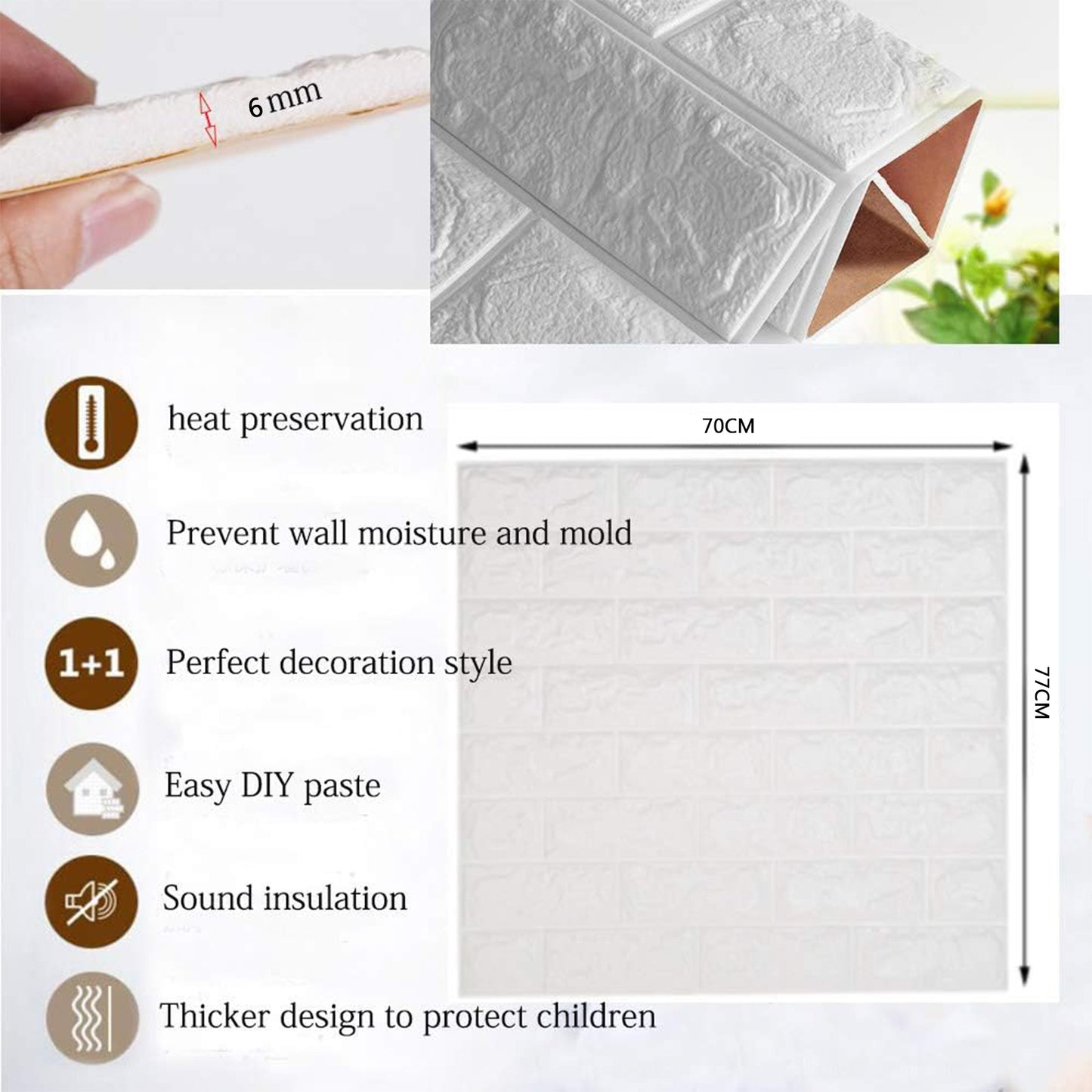 Carta da Parati 3d adesiva 70cmx77cm effetto mattone