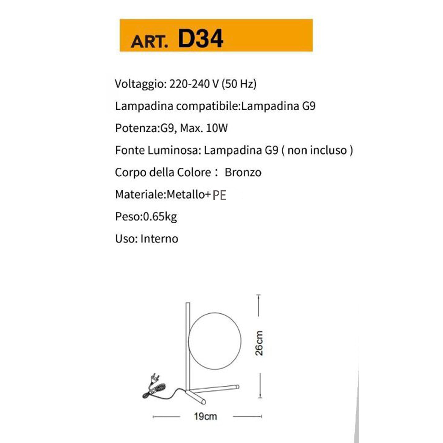 Lampada da Tavolo Moderna G9, Lampada Design con Sfera Opalina e Struttura Oro Bronzo, Luce da Comodino Elegante per Camera da Letto Salotto Studio, Lampadina Non Inclusa D34
