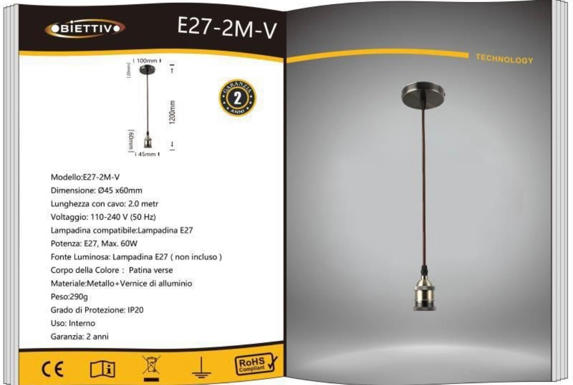 Porta Lampadina E27 a Sospensione 1.2M in Metallo – Vintage Industriale, Attacco E27 Max 60W, Cavo 1.2 Metri, Portalampada per Cucina, Bar, Sala, Soffitto E27SERIE