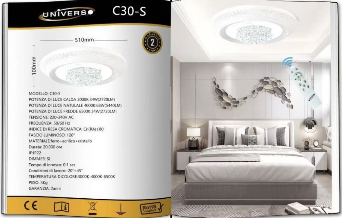 Lampadario LED con Cristalli Dimmerabile con Telecomando 3000K-4000K-6500K, Plafoniera Moderna per Camera da Letto Soggiorno – 3 Misure Disponibili (S/M/G) C30