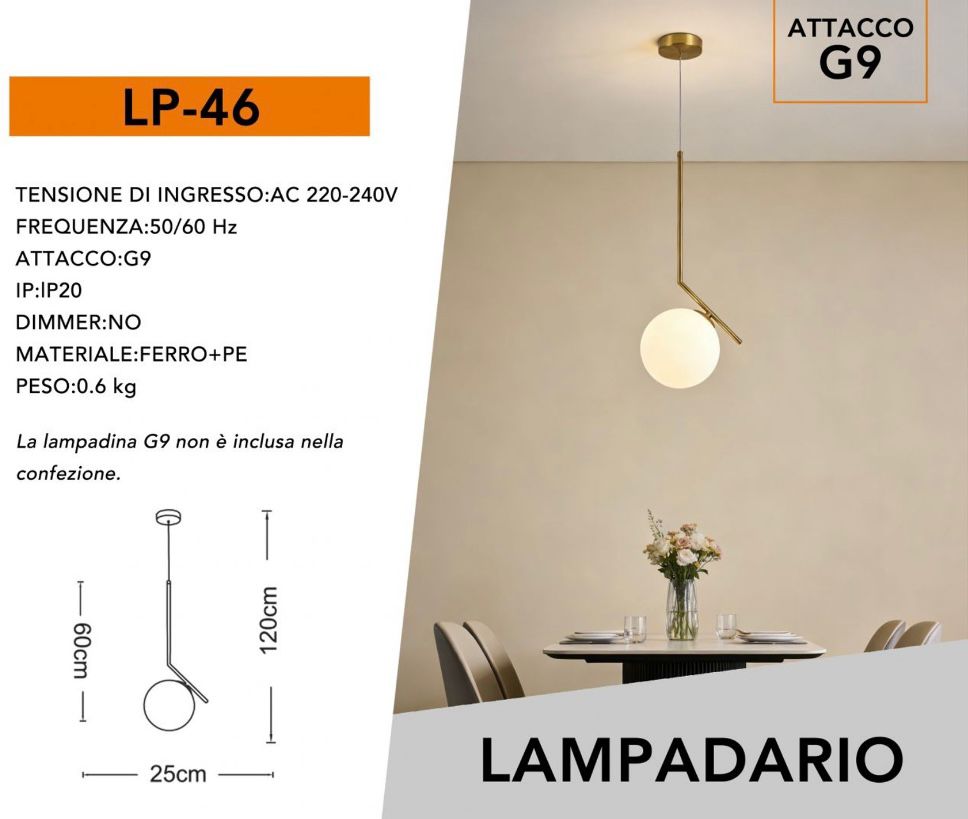 Lampadario a Sospensione Moderno G9, Design Minimalista con Sfera in Vetro Opalino, Lampadario Elegante per Soggiorno Sala da Pranzo Camera, Struttura in Metallo – LP-46