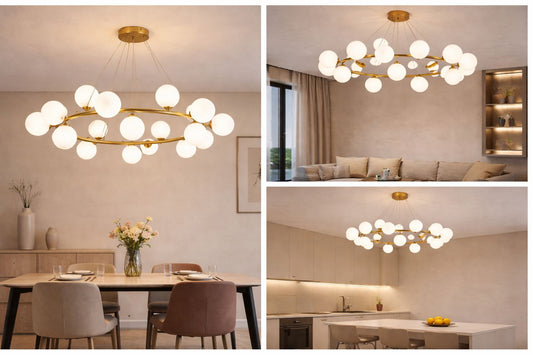 Lampadario a Sospensione Moderno 18 Luci G9, Design con Sfere in pe Opalino, Struttura Oro, Lampadario Elegante per Soggiorno Sala da Pranzo Camera, Stile Nordico – LP-56