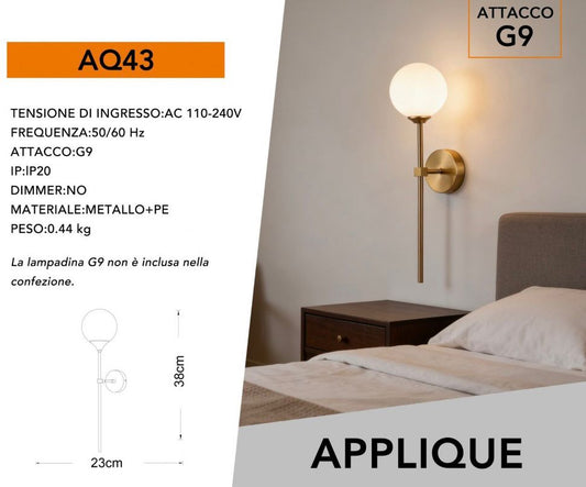 Applique da Parete Moderna G9, Design con Sfera in Vetro Opalino, Colore Oro, Lampada da Parete Elegante per Camera da Letto Soggiorno Corridoio – AQ43