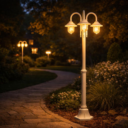 Lampione da Giardino 3 Luci E27 IP54, Lampada da Esterno Stile Classico, Palo Luce per Viale Parco Cortile, Nero/Bianco – PT-03