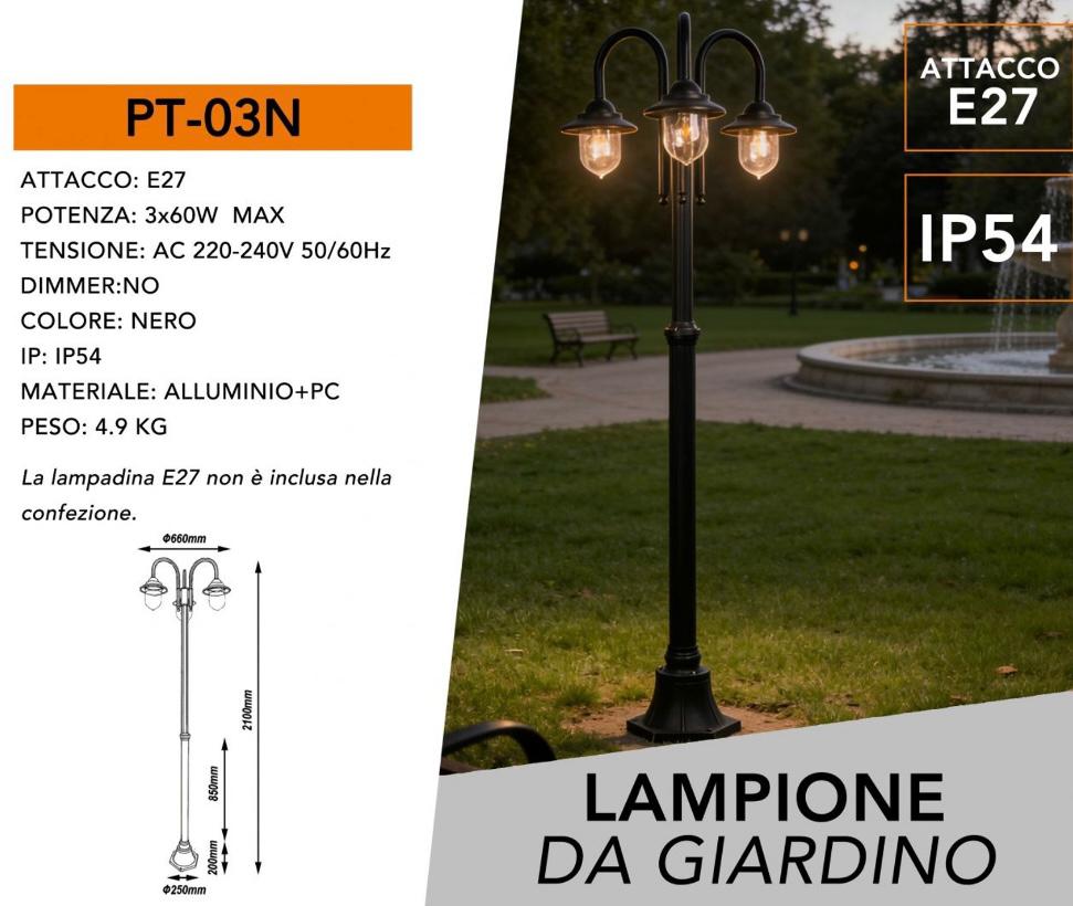 Lampione da Giardino 3 Luci E27 IP54, Lampada da Esterno Stile Classico, Palo Luce per Viale Parco Cortile, Nero/Bianco – PT-03