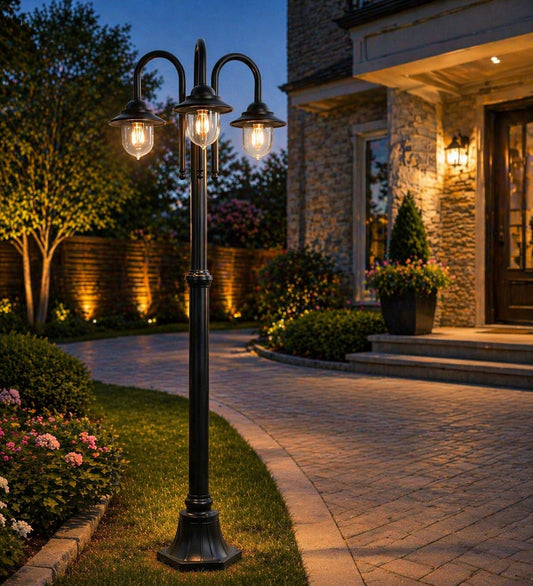Lampione da Giardino 3 Luci E27 IP54, Lampada da Esterno Stile Classico, Palo Luce per Viale Parco Cortile, Nero/Bianco – PT-03