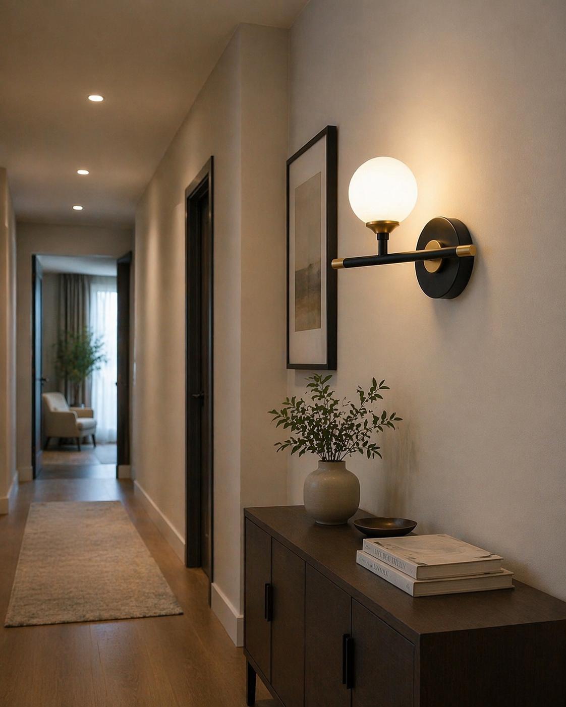 Applique da Parete Moderna con Sfera in Vetro Opalino, Attacco G9, Lampada da Muro Design per Camera da Letto, Soggiorno e Corridoio, Metallo Nero e Oro, Stile Elegante AQ60