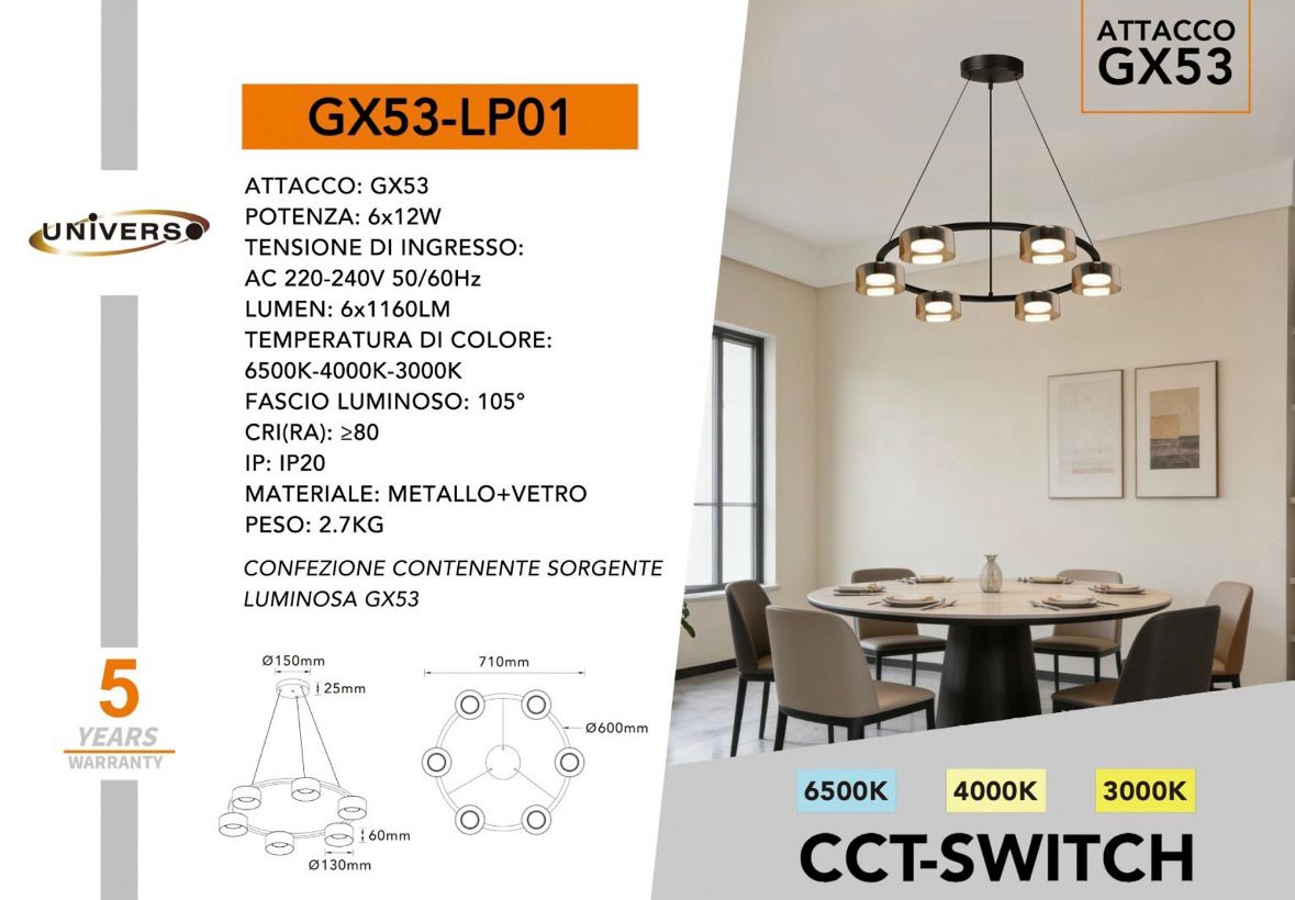 Lampadario Moderno 6 Luci GX53, Design Circolare Elegante, Lampada a Sospensione per Soggiorno e Sala da Pranzo, CCT Regolabile 3000K/4000K/6500K, Metallo e Vetro, Luce Inclusa GX53-LP01