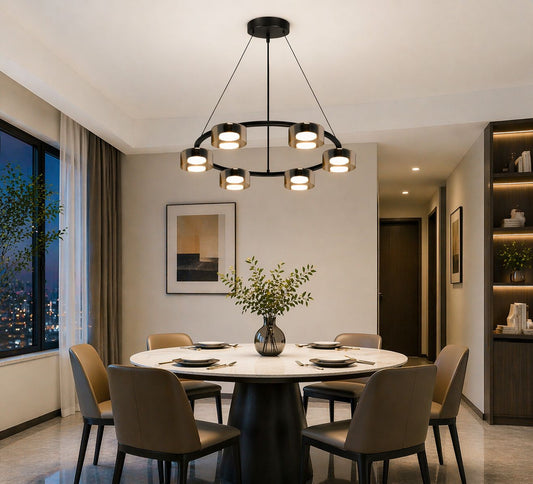 Lampadario Moderno 6 Luci GX53, Design Circolare Elegante, Lampada a Sospensione per Soggiorno e Sala da Pranzo, CCT Regolabile 3000K/4000K/6500K, Metallo e Vetro, Luce Inclusa GX53-LP01