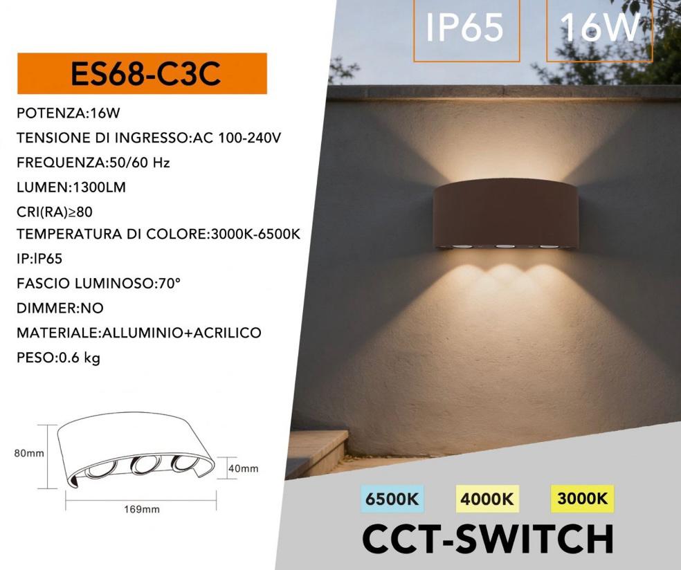 Applique da Esterno LED IP65 16W, Lampada da Parete Moderna con Effetto Luce Multipla, CCT Regolabile 3000K/4000K/6500K, 1300LM, Design in Alluminio per Giardino e Facciata ES68-C3C