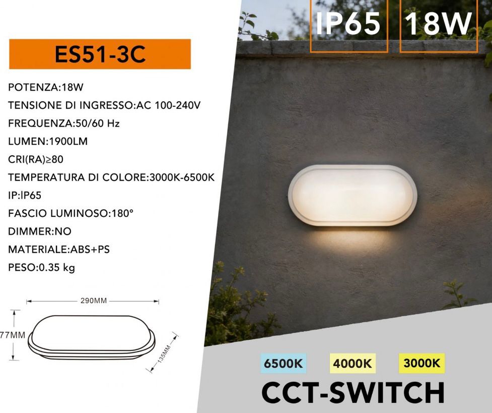 Plafoniera LED da Esterno IP65 18W, Lampada da Parete o Soffitto, Luce Regolabile 3000K/4000K/6500K, 1900LM, Design Ovale per Garage, Balcone e Ingresso, Impermeabile ES51-3C