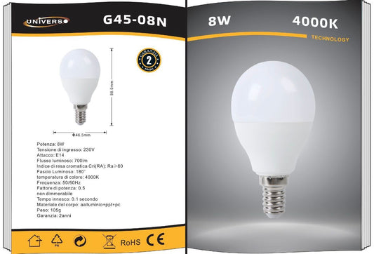 6 Pezzi Lampadine LED E14 G45 8W, 700LM, Luce Calda 3000K / Naturale 4000K / Fredda 6500K, Mini Globo Opaco, Basso Consumo, per Lampadari e Abat Jour, Serie G45-08