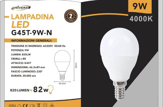 Lampadine LED E14 G45 9W 6 Pezzi, 820LM, Luce Calda 3000K / Naturale 4000K / Fredda 6500K, Mini Globo Opaco, Basso Consumo Energetico, Serie G45T-9W