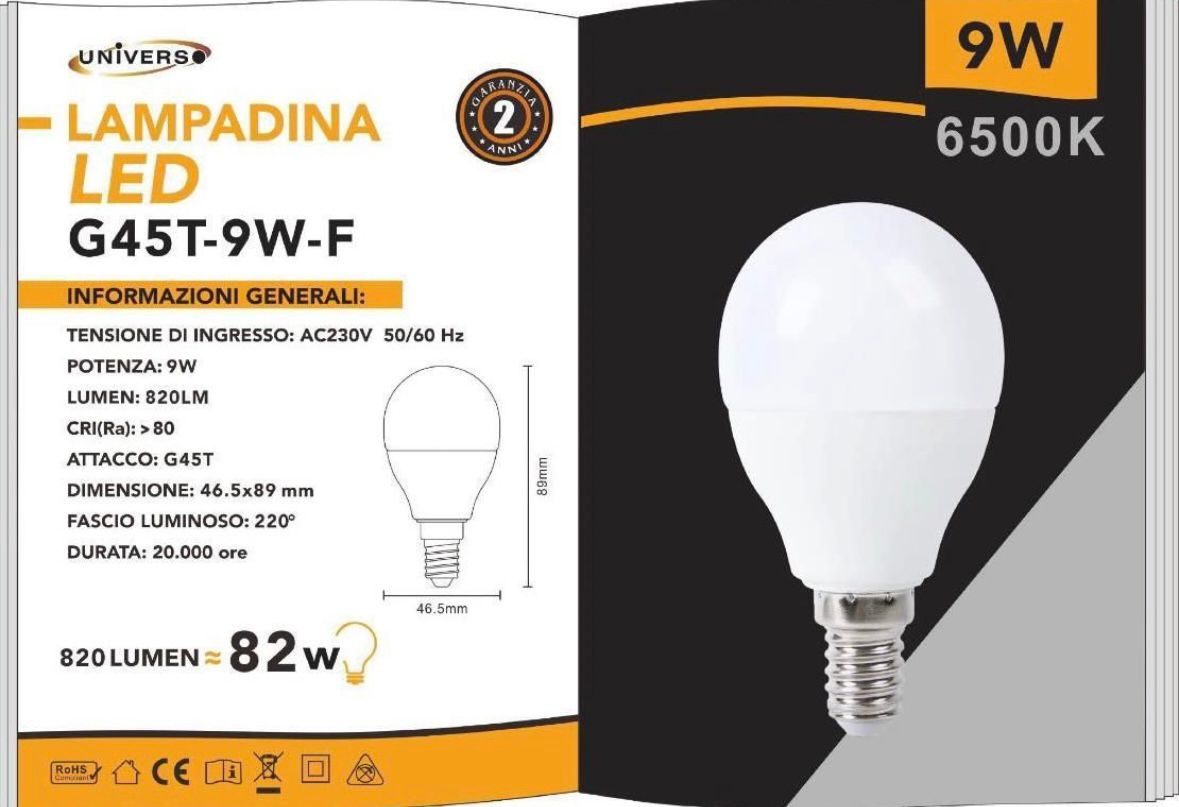 Lampadine LED E14 G45 9W 6 Pezzi, 820LM, Luce Calda 3000K / Naturale 4000K / Fredda 6500K, Mini Globo Opaco, Basso Consumo Energetico, Serie G45T-9W