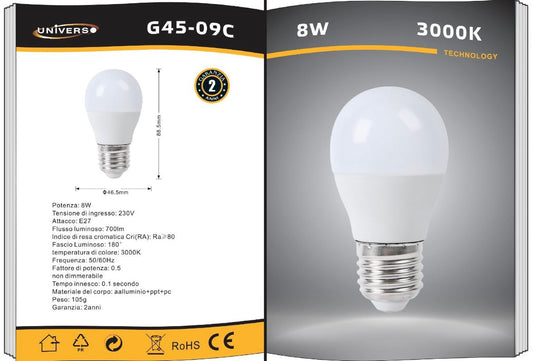 Lampadine LED E27 G45 8W 6 Pezzi, 700LM, Luce Calda 3000K / Naturale 4000K / Fredda 6500K, Mini Globo Opaco, Basso Consumo Energetico, Non Dimmerabili, Serie G45-09