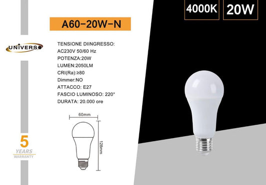 Lampadine LED E27 A60 20W 6 Pezzi, 2050LM, Luce Calda 3000K / Naturale 4000K / Fredda 6500K, Lampadina LED Alta Potenza, Basso Consumo, Non Dimmerabile, Serie A60-20W