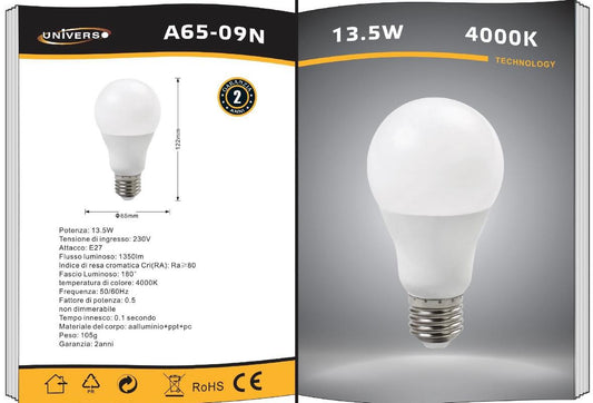 Lampadine LED E27 A65 13.5W 6 Pezzi, 1350LM, Luce Calda 3000K / Naturale 4000K / Fredda 6500K, Lampadina LED Grande Formato, Basso Consumo, Non Dimmerabile, Serie A65-09