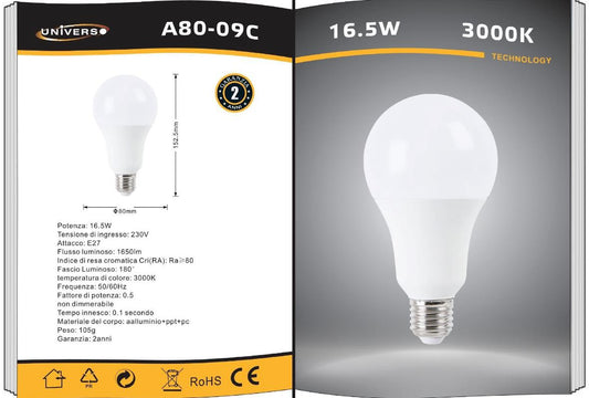 Lampadine LED E27 A80 16.5W 6 Pezzi, 1650LM, Luce Calda 3000K / Naturale 4000K / Fredda 6500K, Lampadina LED Grande Formato, Basso Consumo, Non Dimmerabile, Serie A80-09
