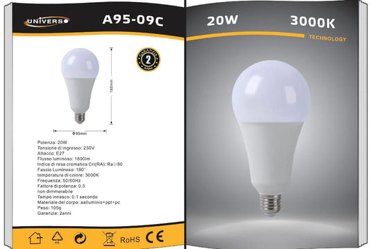 Lampadine LED E27 A95 20W 6 Pezzi, 1800LM, Luce Calda 3000K / Naturale 4000K / Fredda 6500K, Lampadina LED Grande Formato, Alto Risparmio Energetico, Non Dimmerabile, Serie A95-09
