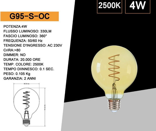 Lampadine LED Decorative E27 G95 Vintage, Confezione da 5 Pezzi, 4W 2500K, 330LM, Globo Ø95mm, Vetro Ambrato con Filamento Spirale, Luce Extra Calda, 360°, Non Dimmerabile, Modello G95-S-OC