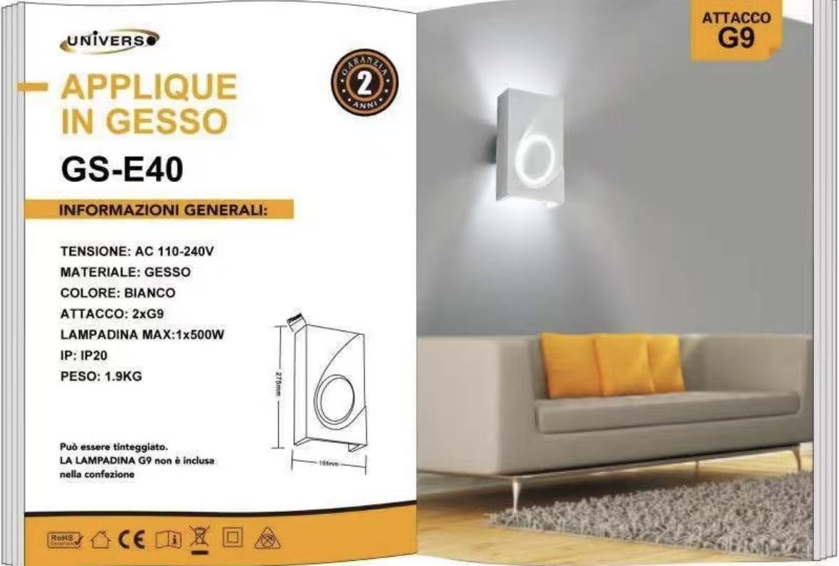 TEKHONE Applique da Parete in Gesso Bianco Design Moderno – Doppia Emissione di Luce, Verniciabile, Attacco G9 – GS-E40
