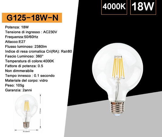 Lampadine LED E27 G125 18W, Confezione da 5 Pezzi, Globo XL Ø125mm, 2380LM, Luce 3000K/4000K/6500K, Vetro Trasparente, Fascio Luminoso 360°, Basso Consumo Energetico, G125-18W
