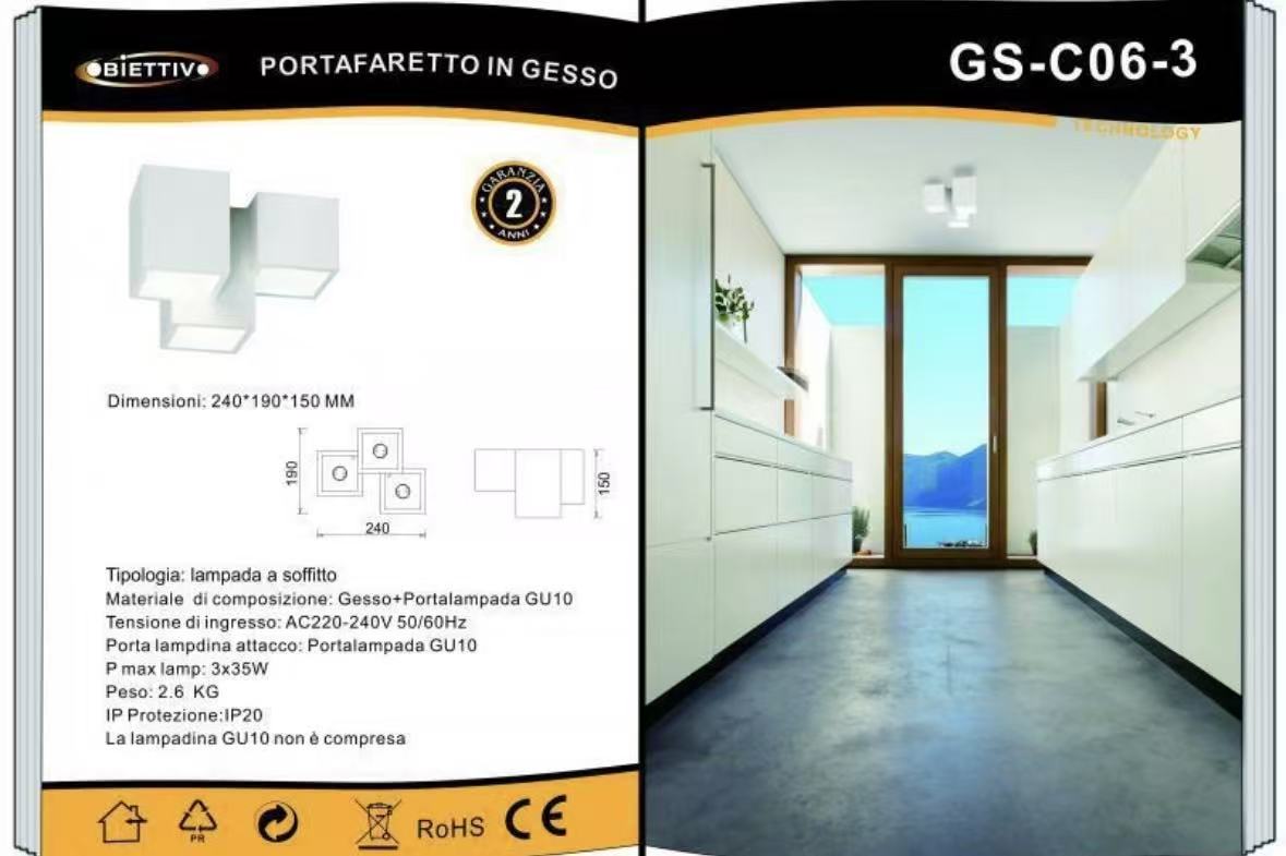 Plafoniera in Gesso da Soffitto a Incasso, 3x GU10, Design Moderno Cubico, Verniciabile, Bianco, per Cartongesso – Lampadine Non Incluse GS-C06-3