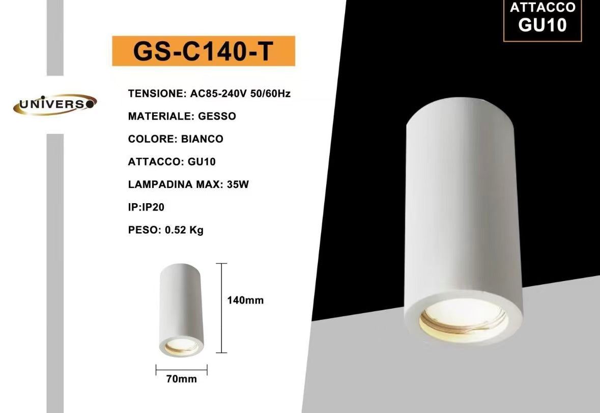 Portafaretto in Gesso Cilindrico da Soffitto | Attacco GU10 | Verniciabile | Bianco | Design Moderno per Cartongesso GS-C140-T