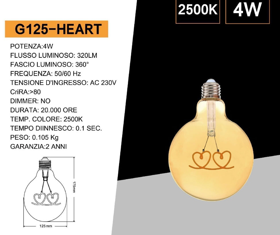 Lampadine LED Decorative E27 G125 Heart, Confezione da 5 Pezzi, 4W 2500K, 320LM, Globo XL Ø125mm, Vetro Ambrato, Design con Filamento a Cuore, Luce Extra Calda, 360°,G125-HEART