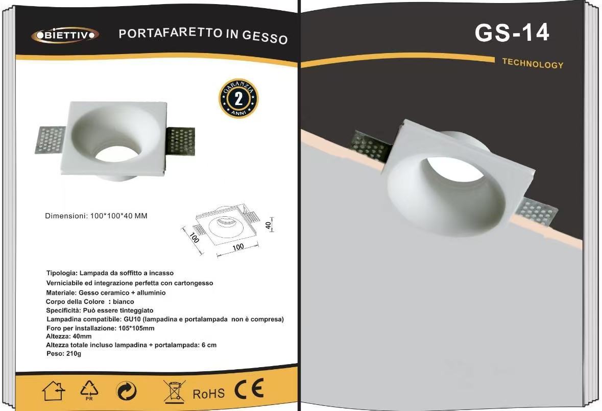 Portafaretto in Gesso da Incasso Quadrato per Cartongesso, Attacco GU10, Verniciabile, Bianco, Foro 105×105 mm GS-14