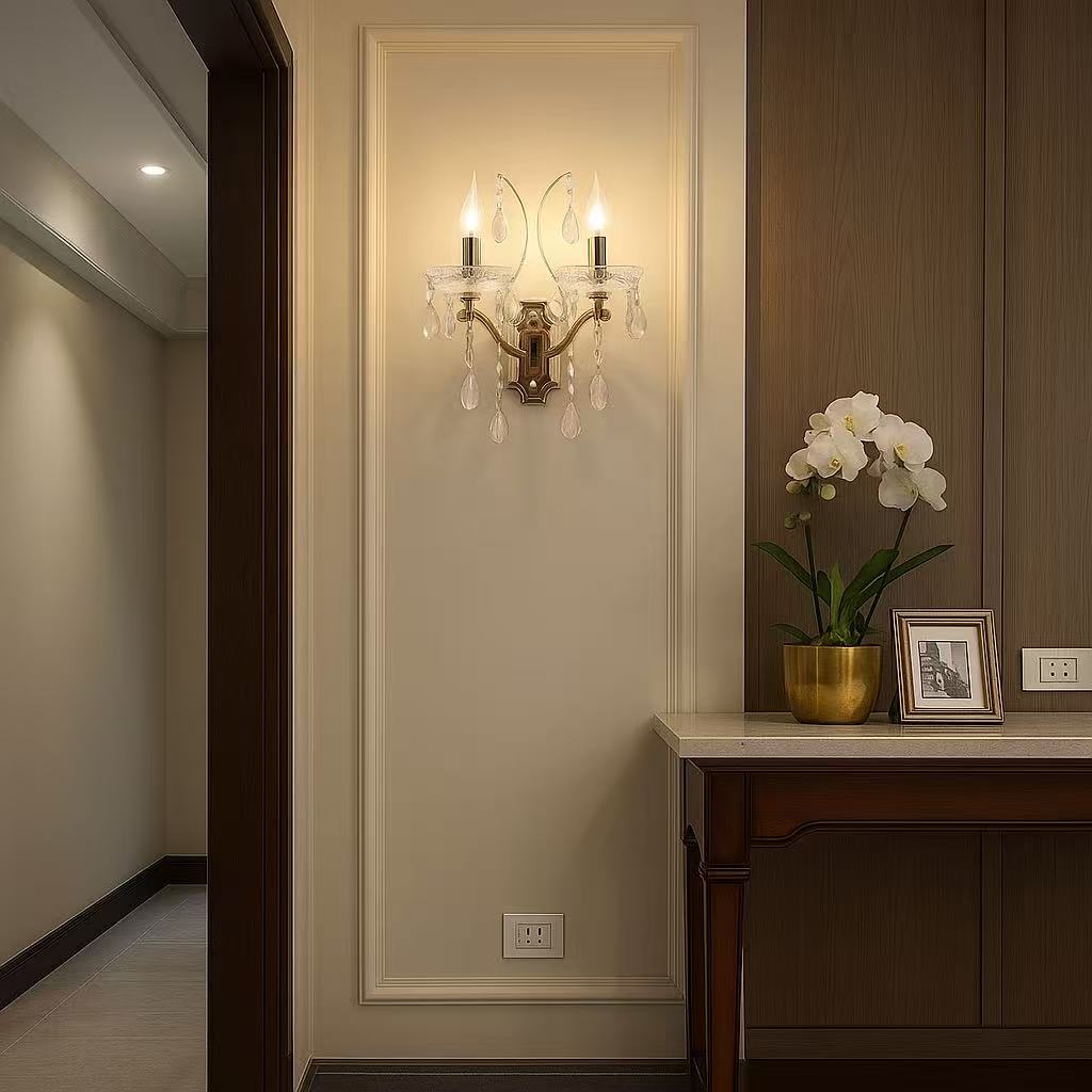 TEKHOME Applique da Parete Classica con Cristalli, 2XE14, Oro, Lampada da Parete in Stile Candelabro per Soggiorno, Camera da Letto, Corridoio E68-2