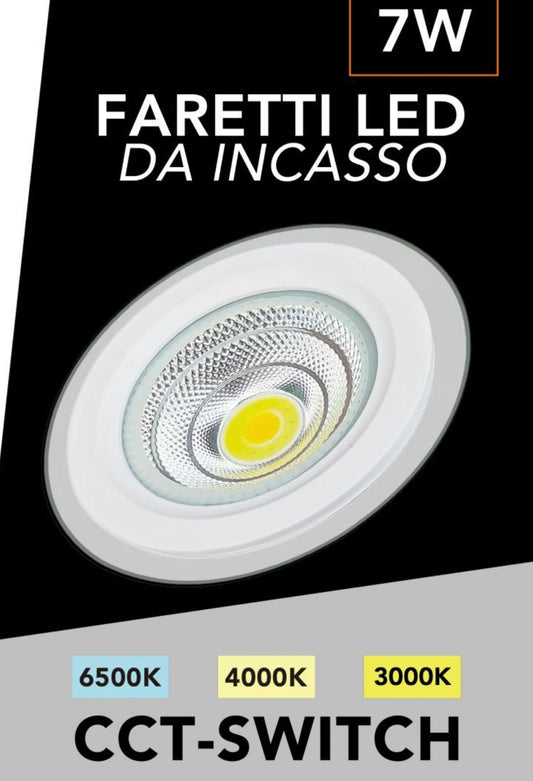 Faretto LED da Incasso Rotondo COB 7W 660LM, 3 Temperature Colore Selezionabili 3000K 4000K 6500K, Ø120mm, Foro Ø95mm, Fascio 120°, CRI≥80, IP20, 1 Pezzo, COB-95-3C