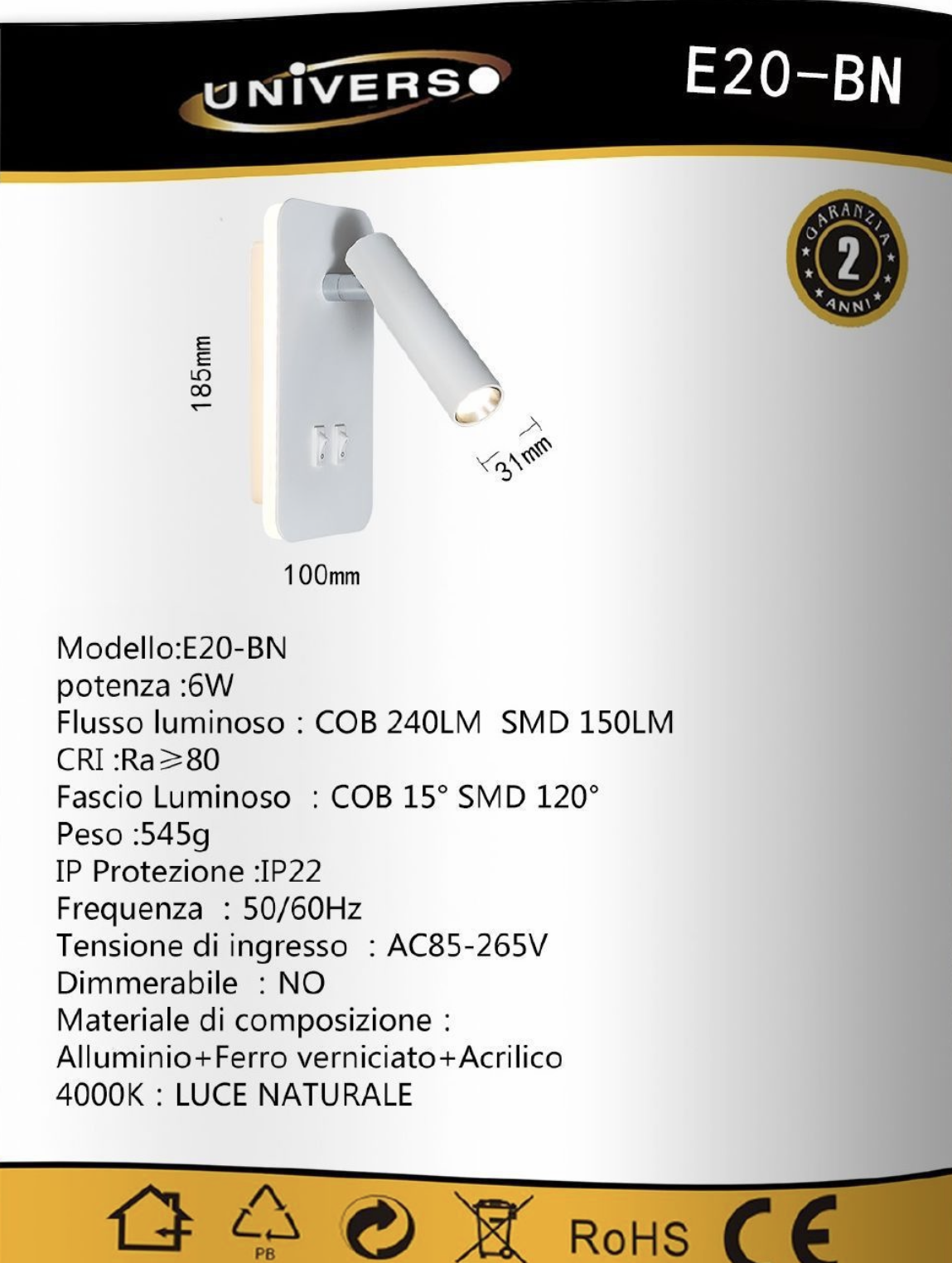TEKHOME Applique da Parete LED 6W con Interruttore, Lampada da Comodino Orientabile, Luce 3000K-6500K Design Moderno in Alluminio, per Camera da Letto e SoggiornoE20