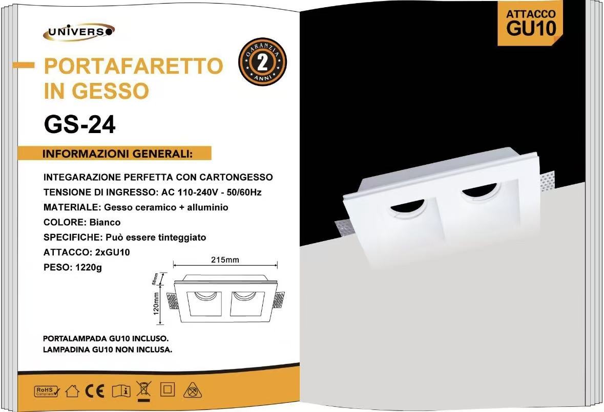 Portafaretto in Gesso da Incasso 2x GU10, Verniciabile, Bianco, Compatibile Cartongesso, Portalampada Incluso, Design Moderno per Soffitto GS-24