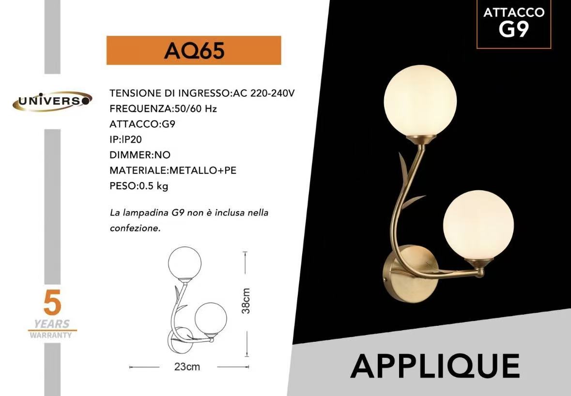 Applique da Parete Moderna a Doppia Luce, Attacco G9, Lampada da Parete in Metallo Oro con Sfere in Vetro Opale, Design Elegante per Soggiorno Camera da Letto Corridoio – AQ65