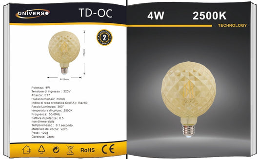 Lampadine LED Decorative E27 G125 Effetto Cristallo, Confezione da 5 Pezzi, 4W 2500K, 350LM, Globo Ø125mm, Vetro Ambrato con Finitura Diamond, Luce Extra Calda, 360°, Modello TD-OC