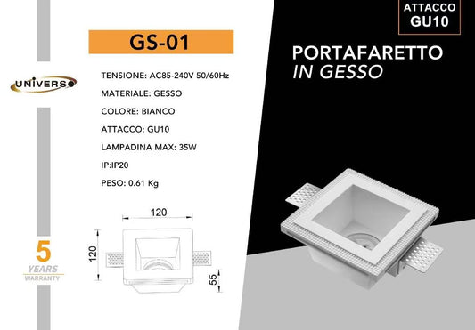 Portafaretto in Gesso da Incasso GU10 – Faretto da Incasso in Gesso Verniciabile, Bianco, IP20, Max 35W, per Controsoffitto Cartongesso GS-01